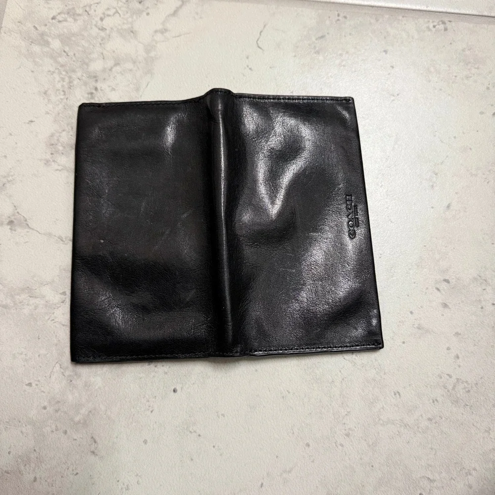 Coach Vintage Long Bifold Wallet Mens Black Good Leather Slim Blue Interior Logo